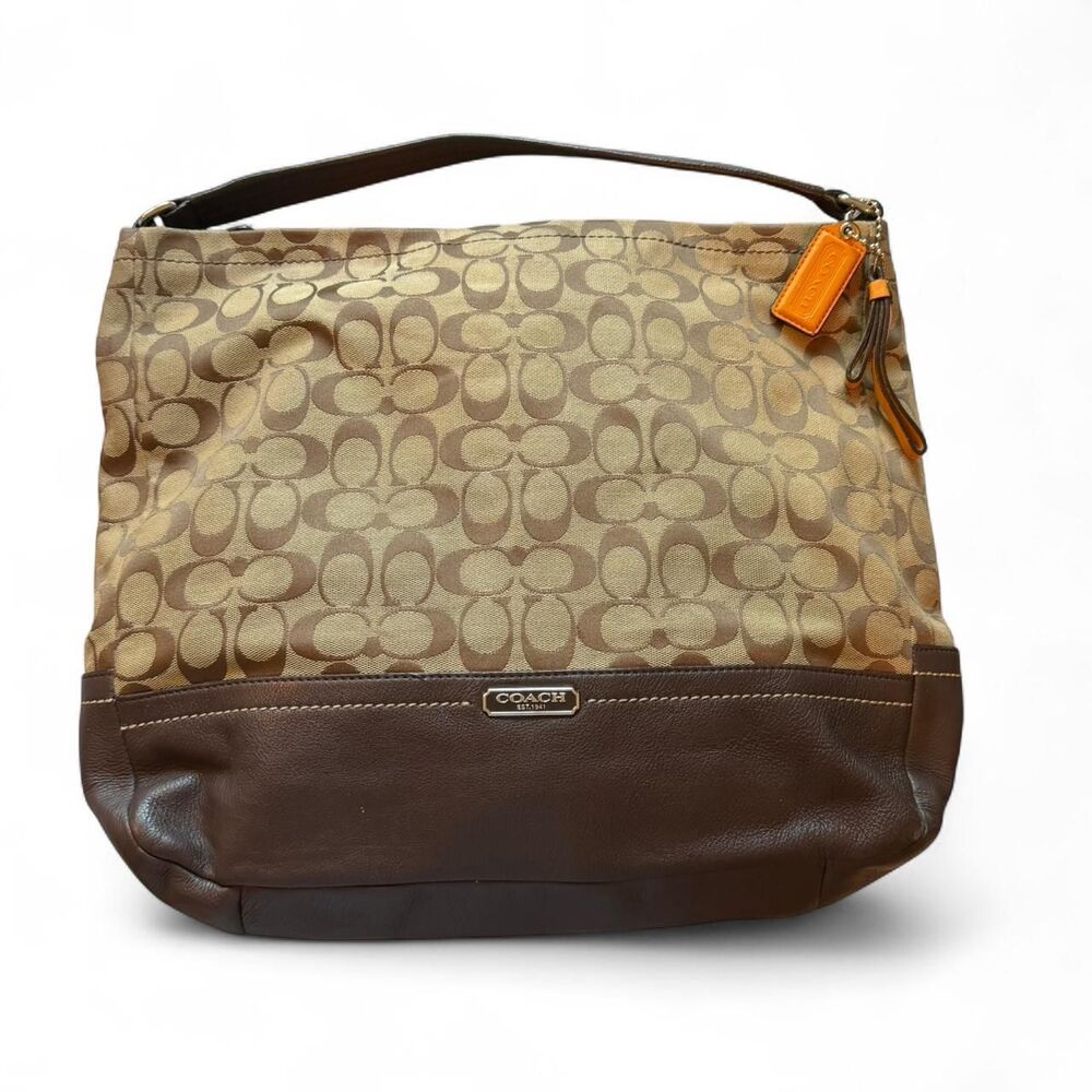 Coach Signature Large Hobo Tote Shoulder Bag Brown Khaki Canvas Leather
